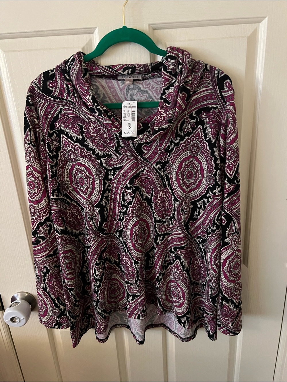 dressbarn Purple and Black Paisley V-Neck Long Sleeve Tunic